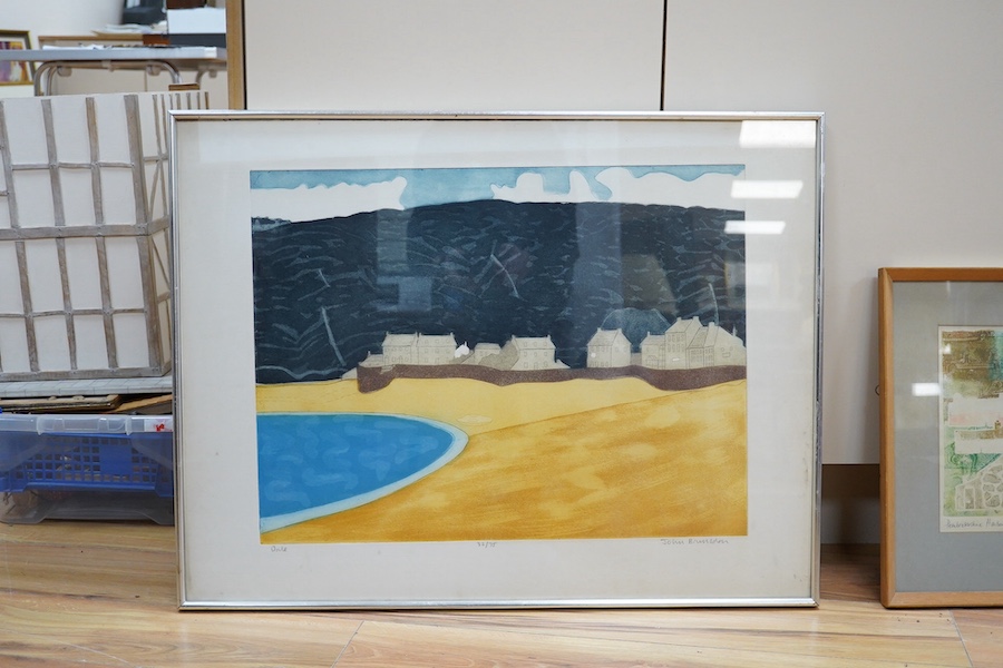 John Stops (1925-2002), two monoprints comprising: Pembrokeshire harbour and Farm settlement, Pembrokeshire, each signed in pencil together with John Brunsdon, etching with aquatint limited edition 32/75, largest 58 x 76